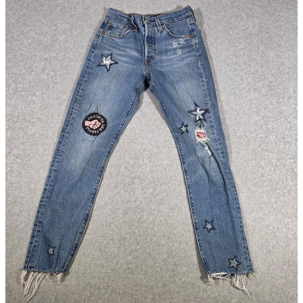 Levis 501 S Skinny Jeans Womens 24x26 Custom Patchwork Star Distressed Button